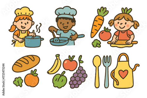 Cute cartoon kids cooking with fruits and vegetables in kitchen