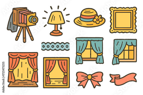 Vintage home decor icons: retro camera, hat, curtains, and more in rustic colors