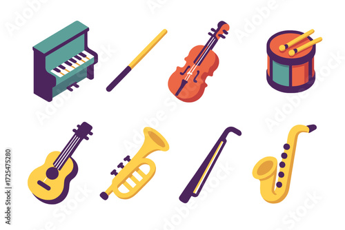 Colorful isometric musical instruments with vibrant glow on dark background