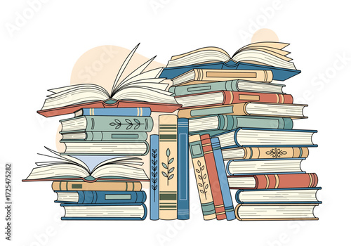 A colorful collection of assorted books and manuscripts with a quill pen.