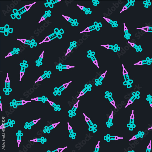 Line Syringe icon isolated seamless pattern on black background. Syringe for vaccine, vaccination, injection, flu shot. Medical equipment. Vector