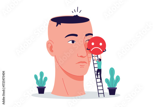 People trying to fix a sad face inside an open head.