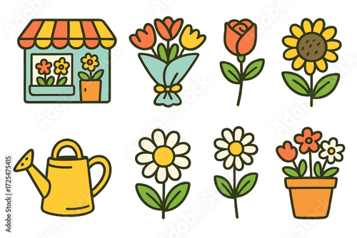 Colorful botanical icons with floral and gardening elements on vibrant background