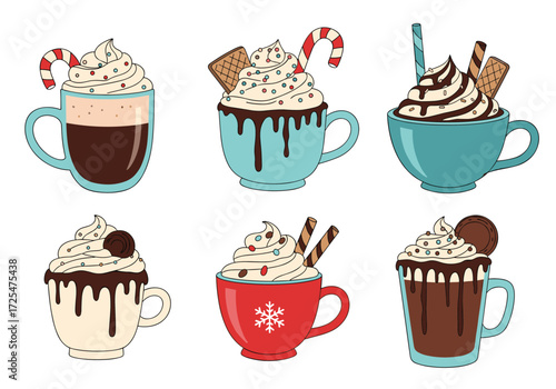 Delicious hot chocolate drinks with whipped cream and toppings.