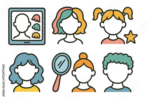 Diverse character icons with customizable features and colorful hair in outline style