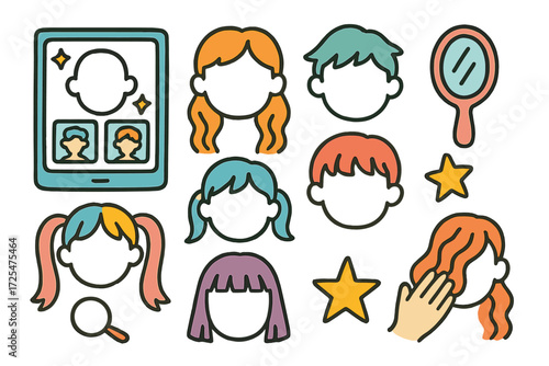 Diverse hairstyles and hairdressing tools concept in colorful outline art
