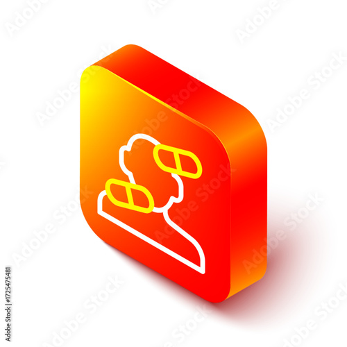 Isometric line Sedative pills icon isolated on white background. Orange square button. Vector