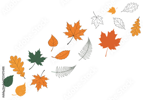 Autumn leaves are falling and dancing in the wind.
