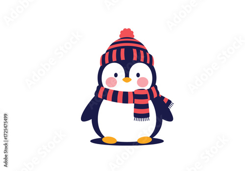 A cute penguin wearing a striped hat and scarf.