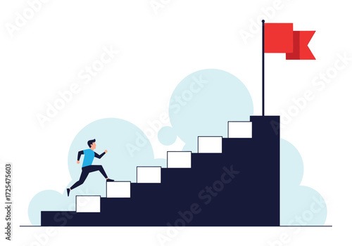 Person running up stairs towards a red flag.