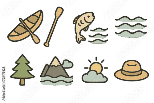 Outdoor adventure icons: canoe, fishing, nature, and hiking elements in a modern line art style