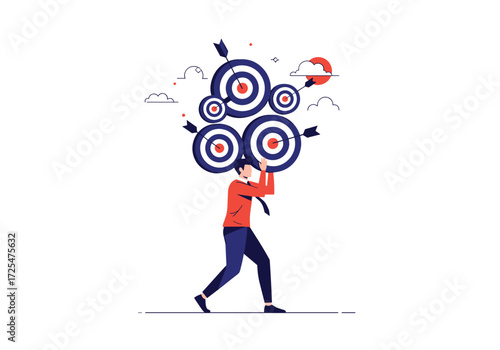 Business person aiming at multiple targets symbolizing goals and challenges.