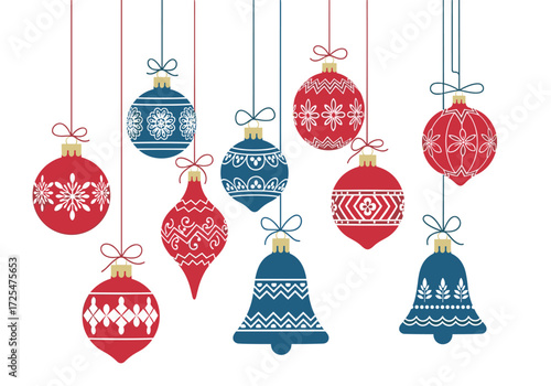 Red and blue christmas ornaments with folk patterns hang on strings.