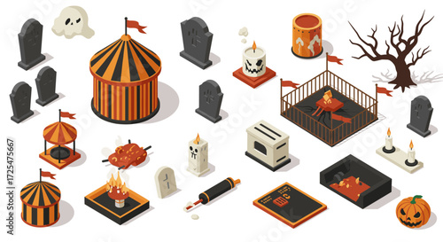 Spooky circus and halloween elements in isometric style