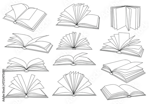 Collection of open books and fanned pages illustrations.
