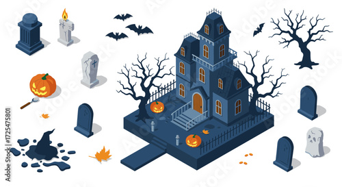 Spooky haunted house with graveyard and halloween elements in isometric style