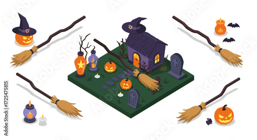 Isometric halloween scene with haunted house, pumpkins, and witch broomsticks