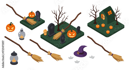 Halloween isometric assets: brooms, pumpkins, haunted house, and graveyard elements
