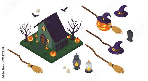 Isometric haunted house with pumpkins, bats, and witch accessories on halloween night