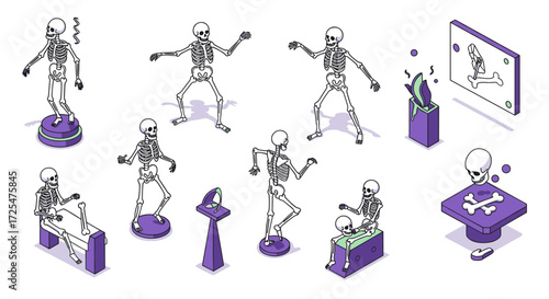 Dancing skeletons in an isometric science lab with interactive elements