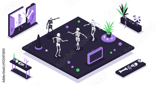 Isometric skeleton dance party with modern decor and plants