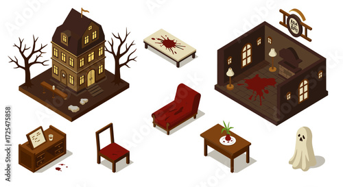 Spooky isometric haunted mansion with creepy furniture and ghostly decor