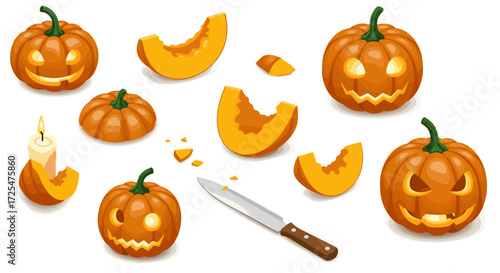 Isometric halloween pumpkins with jack-o'-lantern faces and carving knife