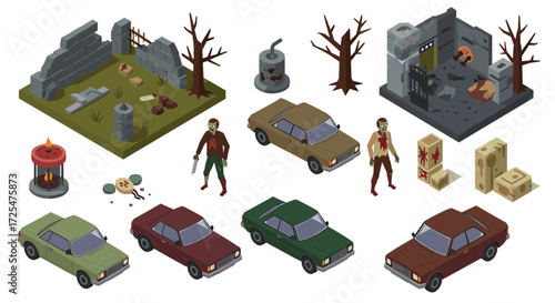 Isometric zombie apocalypse scene with cars and ruined buildings