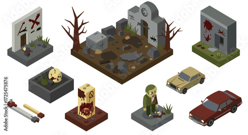 Isometric zombie apocalypse scene with abandoned cars and graveyard elements