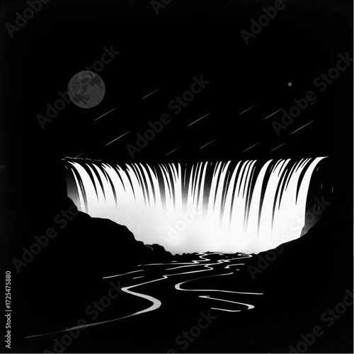 A vintage film depiction of Niagara Falls during midnight in spring, under windy conditions, capturing unique natural textures and atmospheric mood.