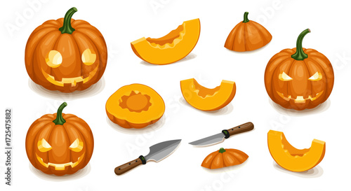 Isometric carved pumpkins and slices with knives on white background