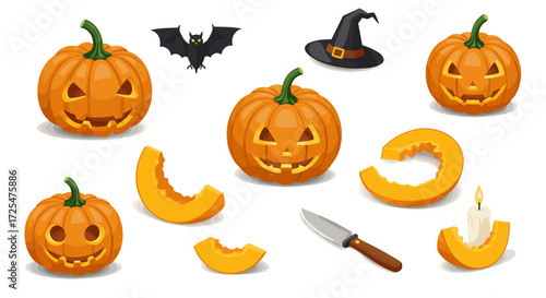 Halloween pumpkin elements with witch hat, bat, knife, and candle on white background