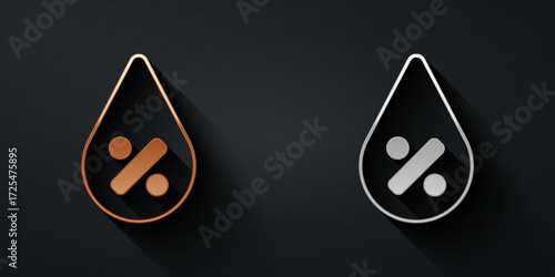 Gold and silver Water drop percentage icon isolated on black background. Humidity analysis. Long shadow style. Vector