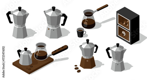 Isometric coffee makers and tools set with brewing elements and accessories