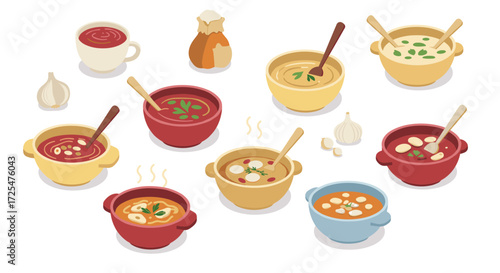 Variety of delicious soups and ingredients in colorful bowls on a white background