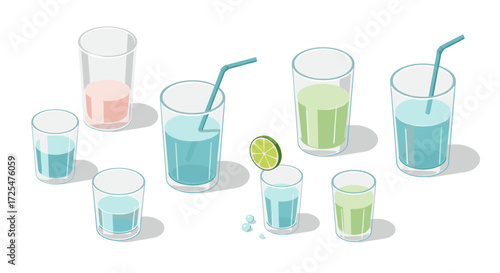 Assorted drinks in transparent glasses with straws and lime slice in isometric style