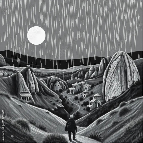 A oil painting depiction of Cappadocia Valleys during midnight in summer, under rainy conditions, capturing unique natural textures and atmospheric mood.