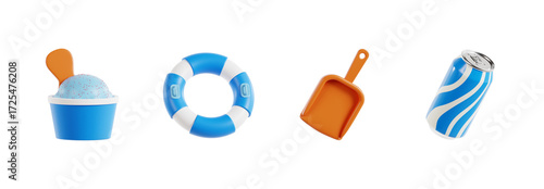 3D icon collection of summer beach treats and safety items