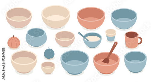 Colorful pastel kitchenware collection: bowls, mugs, and spoons in modern isometric design