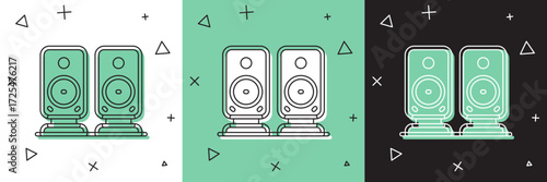 Set Stereo speaker icon isolated on white and green, black background. Sound system speakers. Music icon. Musical column speaker bass equipment. Vector