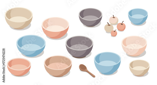 Colorful ceramic bowls and apples in modern pastel design