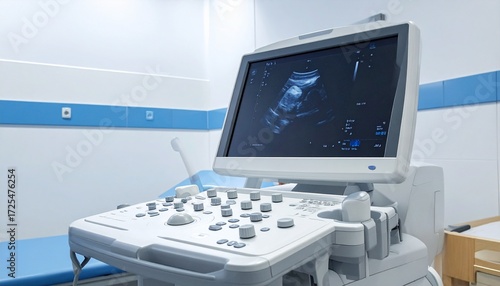 Modern ultrasound machine in a clean, sterile medical office.