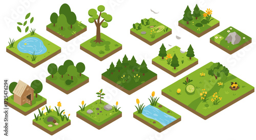 Isometric nature elements set with forest, pond, and trees for game design and landscaping
