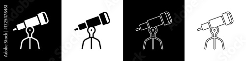 Set Telescope icon isolated on black and white background. Scientific tool. Education and astronomy element, spyglass and study stars. Vector
