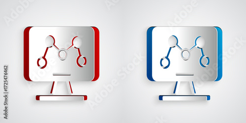 Paper cut Genetic engineering modification on laptop icon isolated on grey background. DNA analysis, genetics testing, cloning. Paper art style. Vector