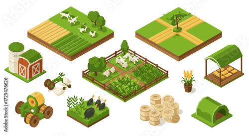 Isometric farm elements set with animals, crops, barn, and tractor