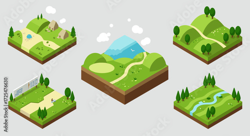 Isometric landscape collection featuring scenic nature elements