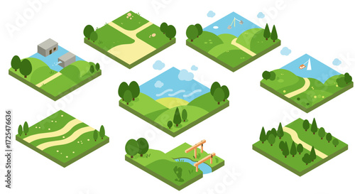 Isometric landscape designs: green parks, paths, hills, and nature elements
