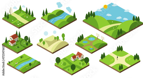 Isometric landscapes with rolling hills, trees, and homes in a sunny environment