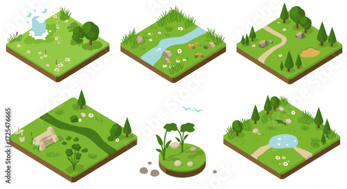 Isometric nature landscapes with waterfalls and trees in spring